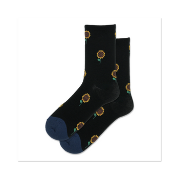 black crew socks with an allover sunflower pattern in yellow, brown, and green. blue toes and heels.  