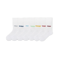 Seven white crew socks, each embroidered with a different colorful day of the week.