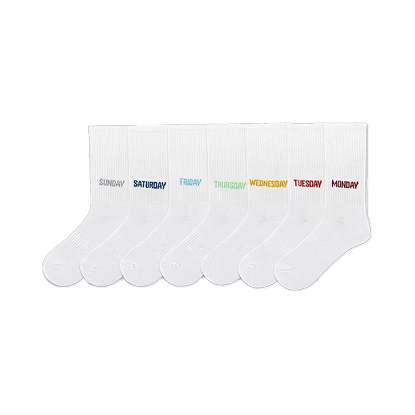 Seven white crew socks, each embroidered with a different colorful day of the week.
