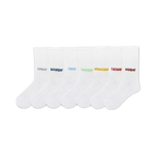 Seven white crew socks, each embroidered with a different colorful day of the week.