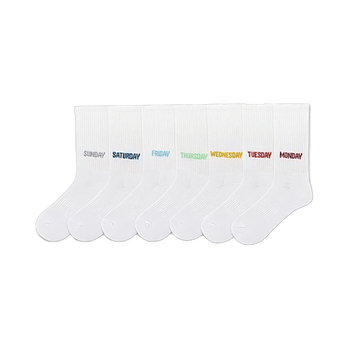 Seven white crew socks, each embroidered with a different colorful day of the week.