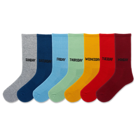 seven (7) pair crew length socks in different colors with days of the week text in black.   