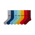 Seven crew socks in a rainbow of colors: gray, navy, light blue, light green, yellow, red, burgundy. Each sock has a day of the week printed on it.