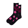 Pair of black crew socks adorned with pink roses and the text 'Not the Worst Mom' in pink script.