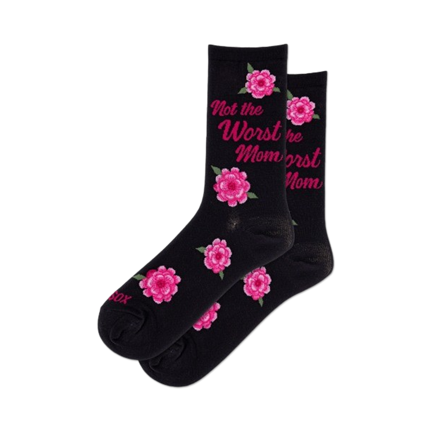Pair of black crew socks adorned with pink roses and the text 'Not the Worst Mom' in pink script.
