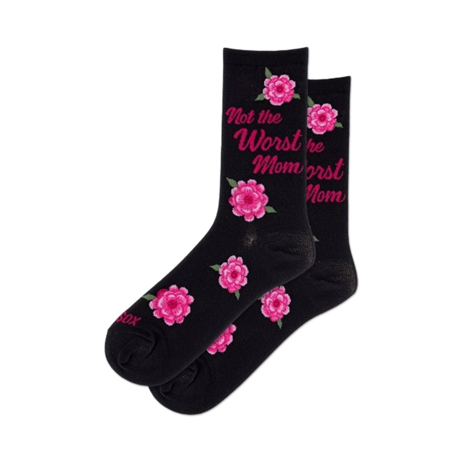 Pair of black crew socks adorned with pink roses and the text 'Not the Worst Mom' in pink script.
