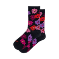 Pair of women's crew socks in navy blue, adorned with a vibrant floral print featuring pink, red, and purple flowers.