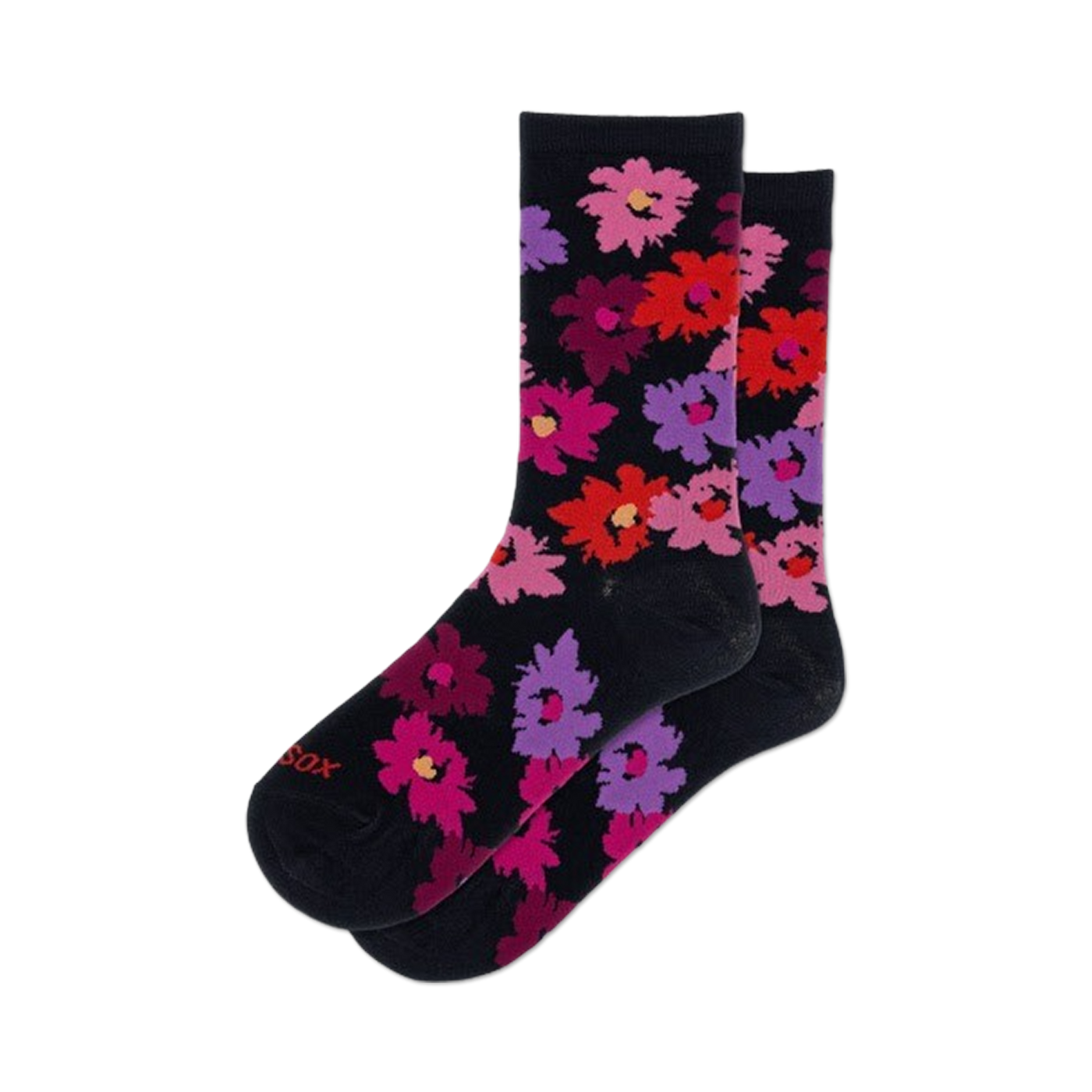 Pair of women's crew socks in navy blue, adorned with a vibrant floral print featuring pink, red, and purple flowers.