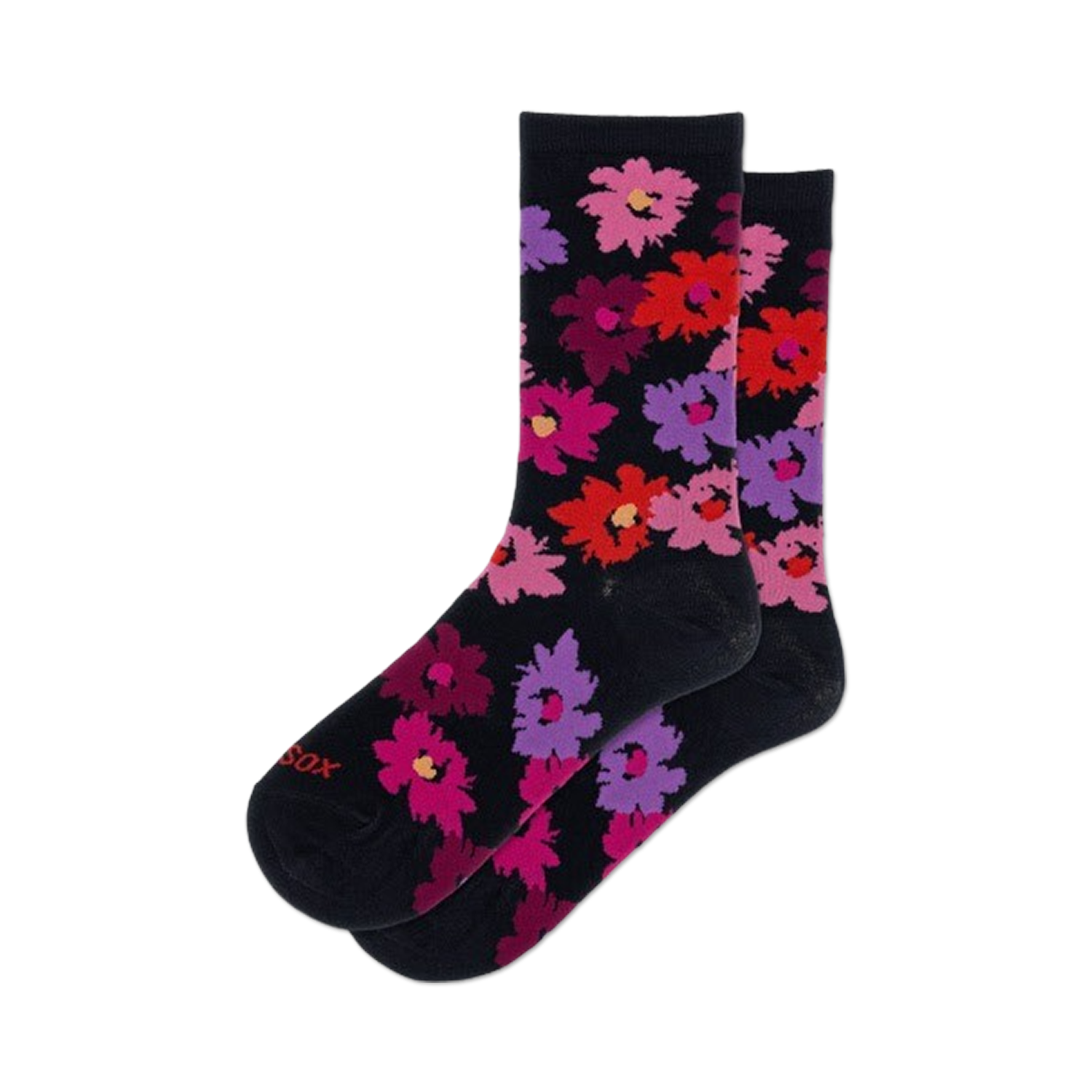 Pair of women's crew socks in navy blue, adorned with a vibrant floral print featuring pink, red, and purple flowers.