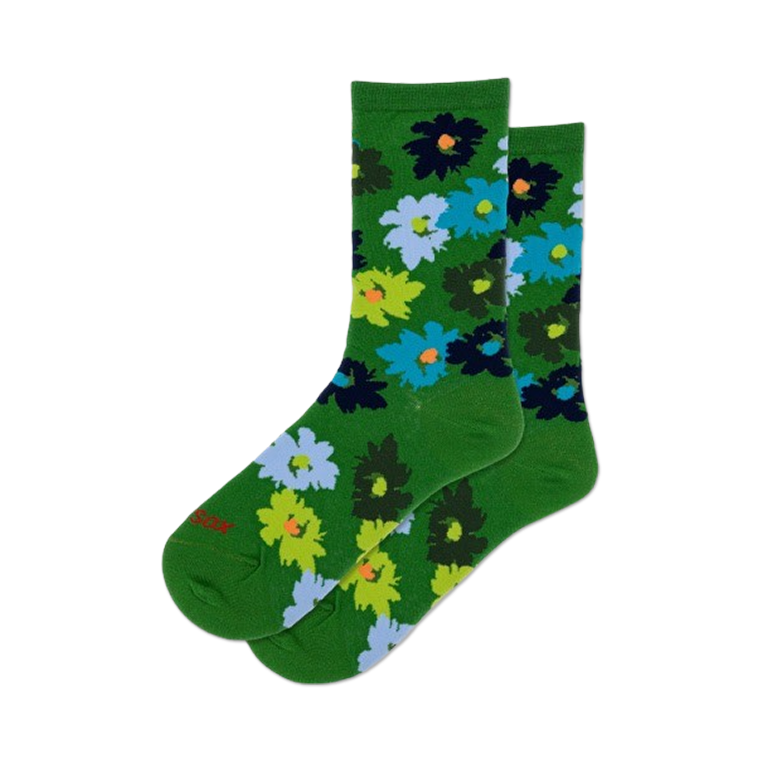 Lifestyle shot showcasing a pair of green Tropical Floral crew socks with a bright, multicolored floral print. The socks are casually styled.