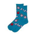 Pair of teal crew socks with a repeating pattern of red and white dragon fruit slices.