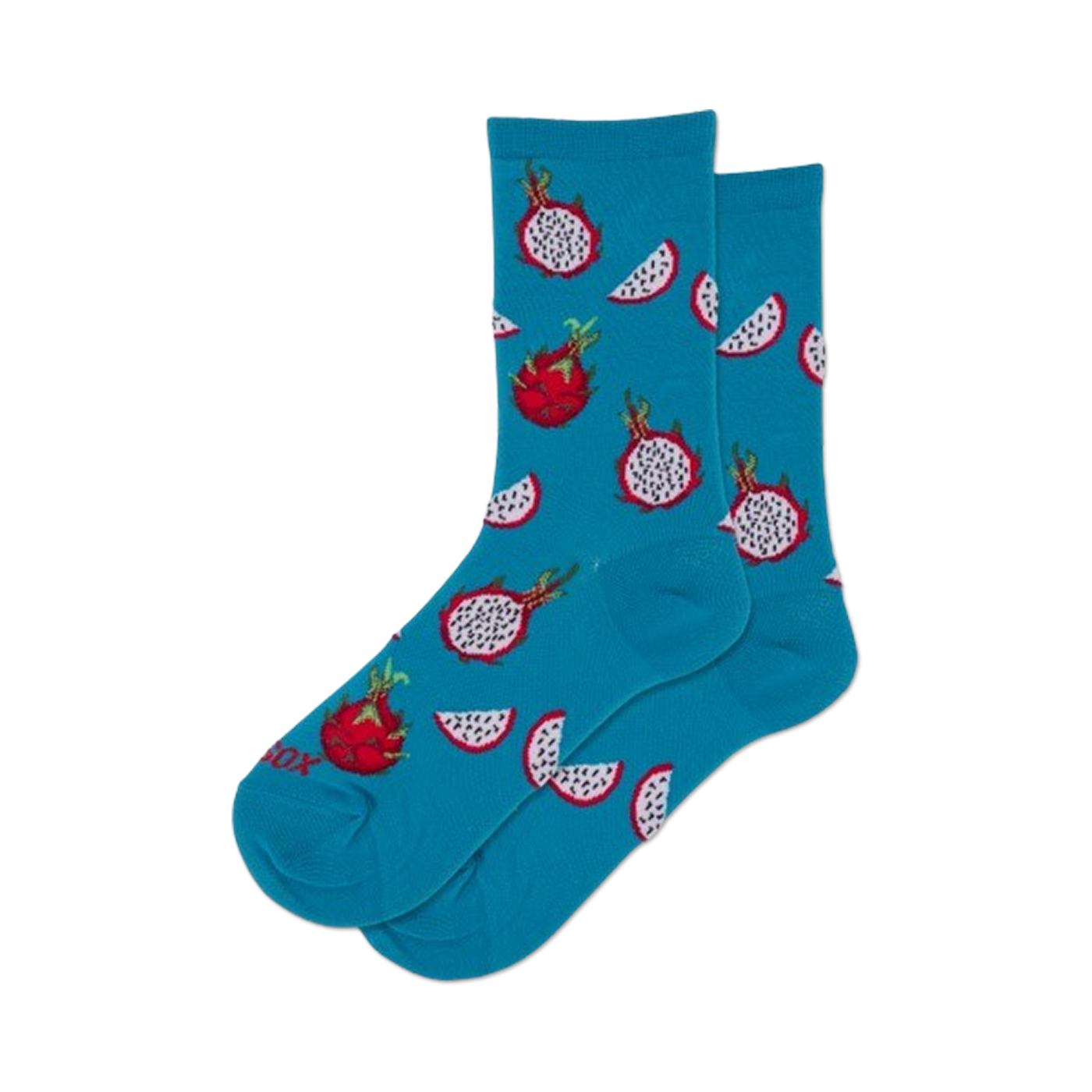 Pair of teal crew socks with a repeating pattern of red and white dragon fruit slices.
