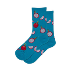 Pair of teal crew socks with a repeating pattern of red and white dragon fruit slices.