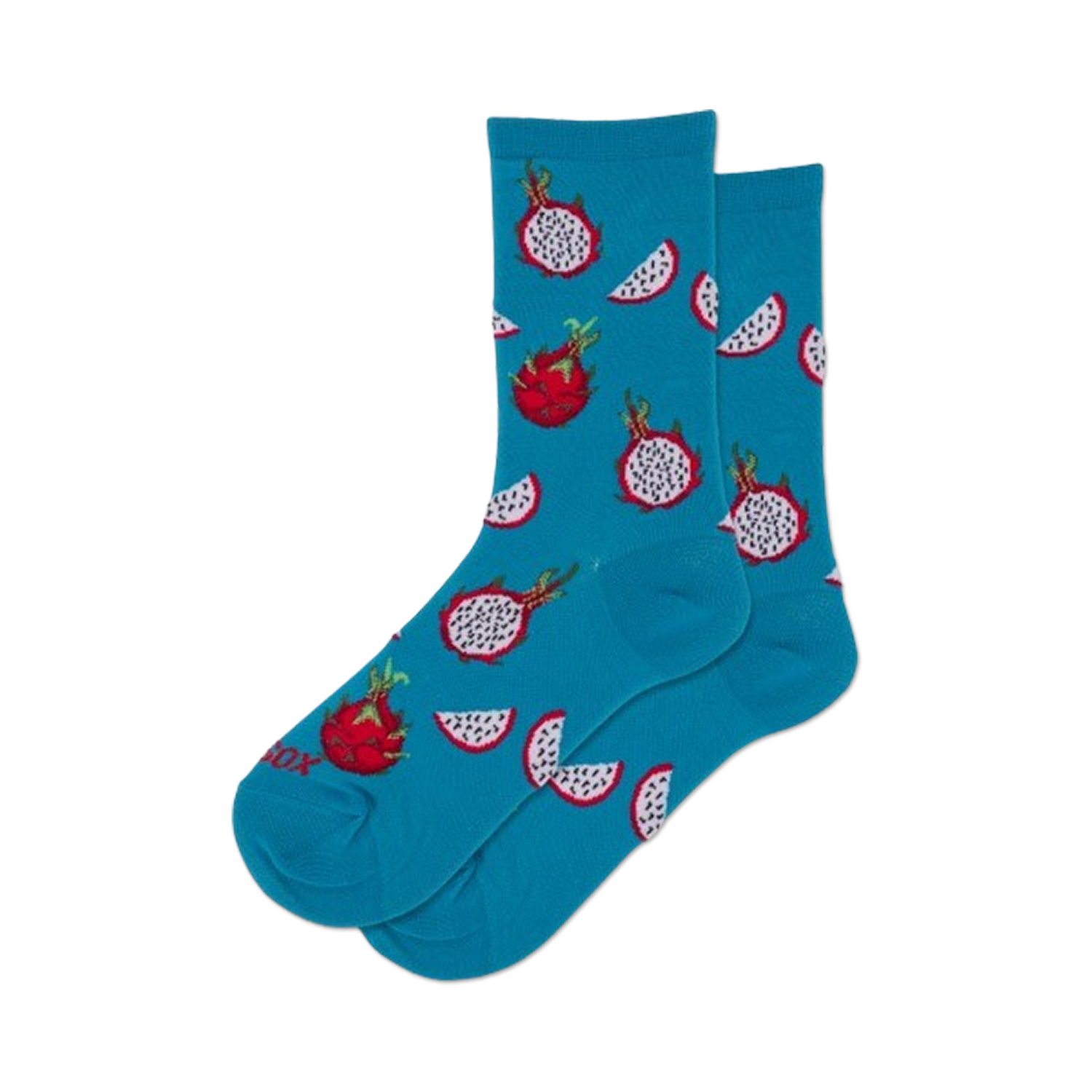 Pair of teal crew socks with a repeating pattern of red and white dragon fruit slices.