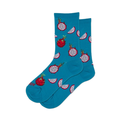 blue crew socks with dragon fruit patterns in pink, green, and black.   