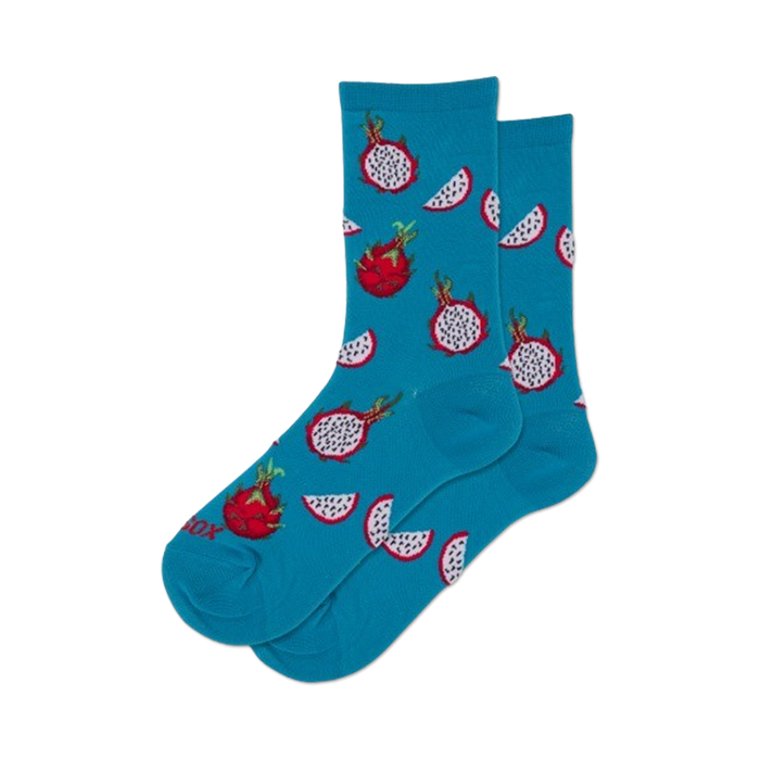 blue crew socks with dragon fruit patterns in pink, green, and black.   