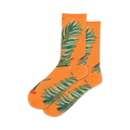 Pair of orange crew socks with teal palm leaf design. 