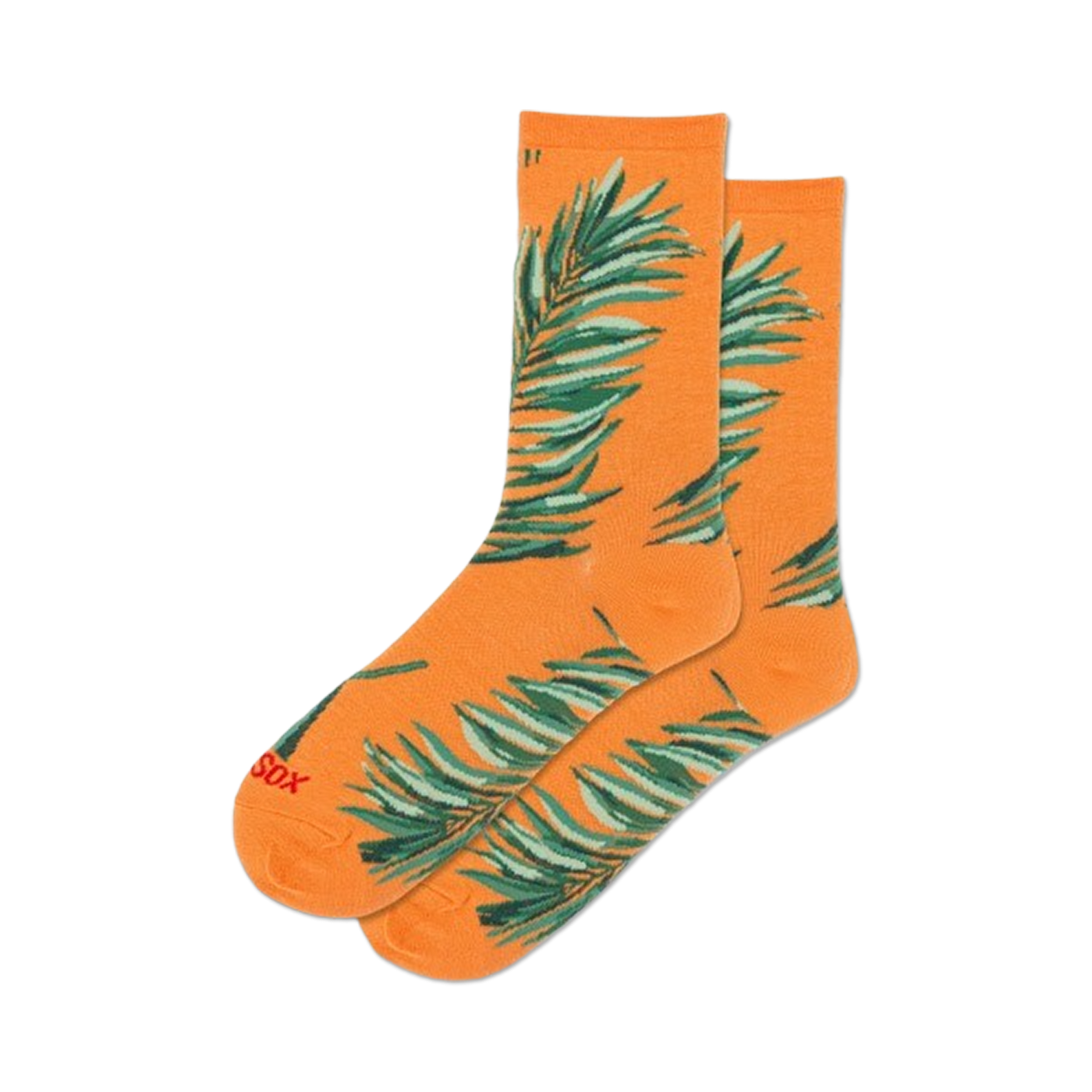 Pair of orange crew socks with teal palm leaf design. 