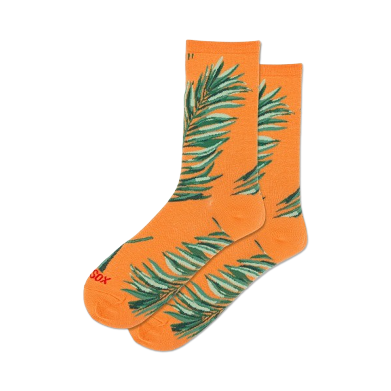 Pair of orange crew socks with teal palm leaf design. 