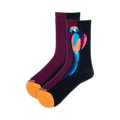Pair of crew socks; one sock is dark purple, the other half is navy blue. A colorful parrot design is printed on the navy side.