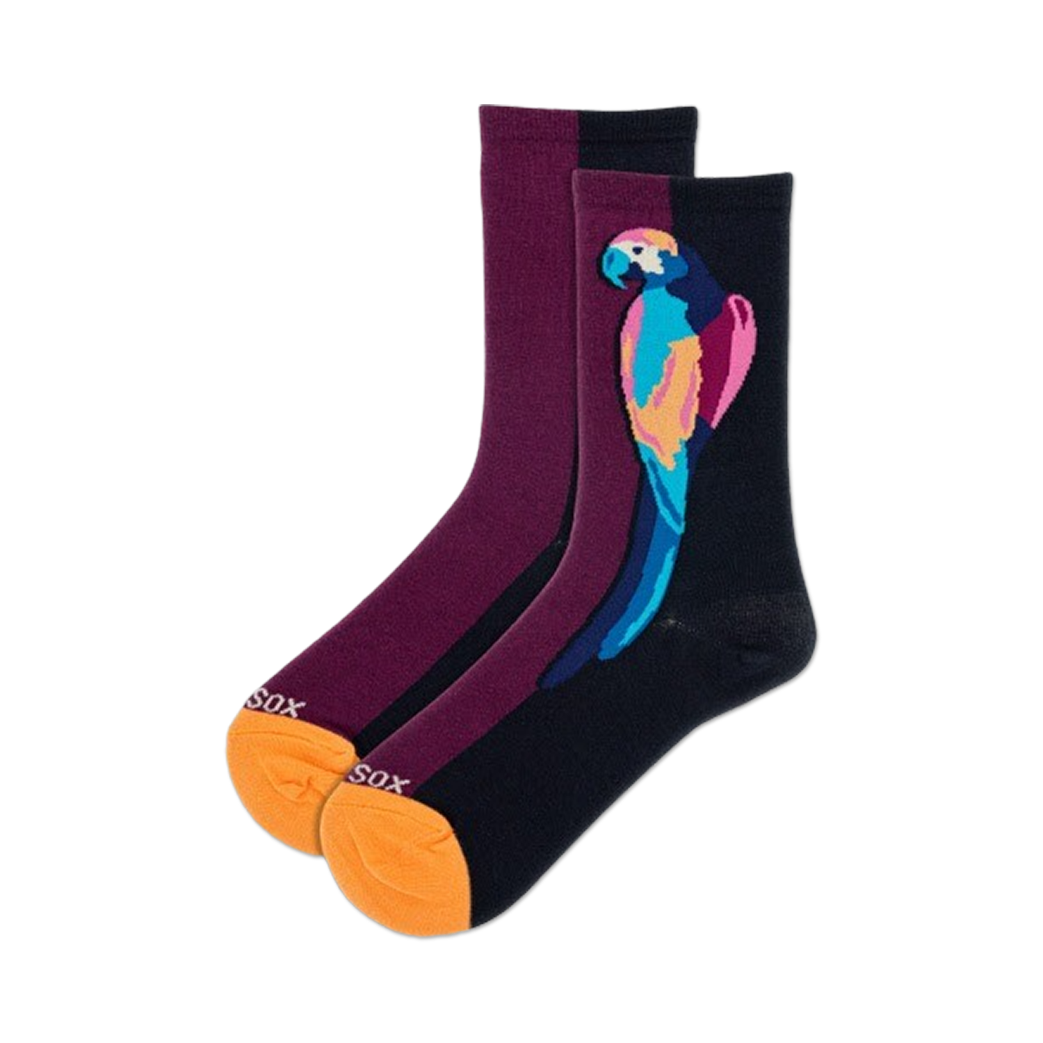 Pair of crew socks; one sock is dark purple, the other half is navy blue. A colorful parrot design is printed on the navy side.