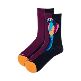 black, purple, blue, green, yellow, orange crew socks featuring parrot motif and "sox" lettering.  