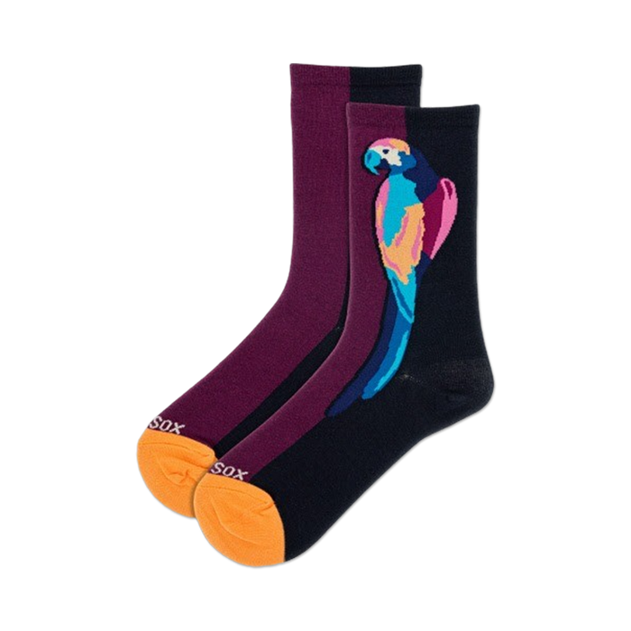 black, purple, blue, green, yellow, orange crew socks featuring parrot motif and 