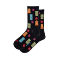Pair of black crew socks with colorful tiki idols and red flowers. Fun, tropical design.