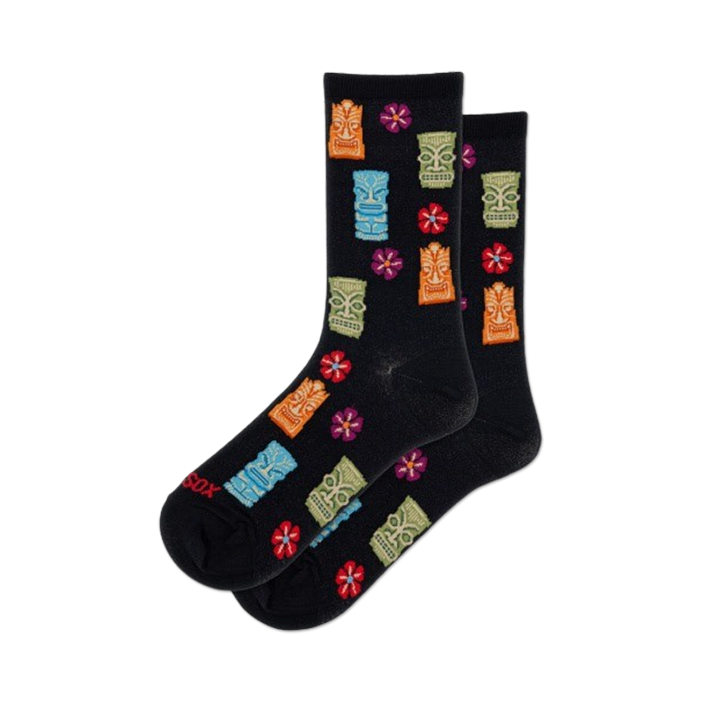 Pair of black crew socks with colorful tiki idols and red flowers. Fun, tropical design.