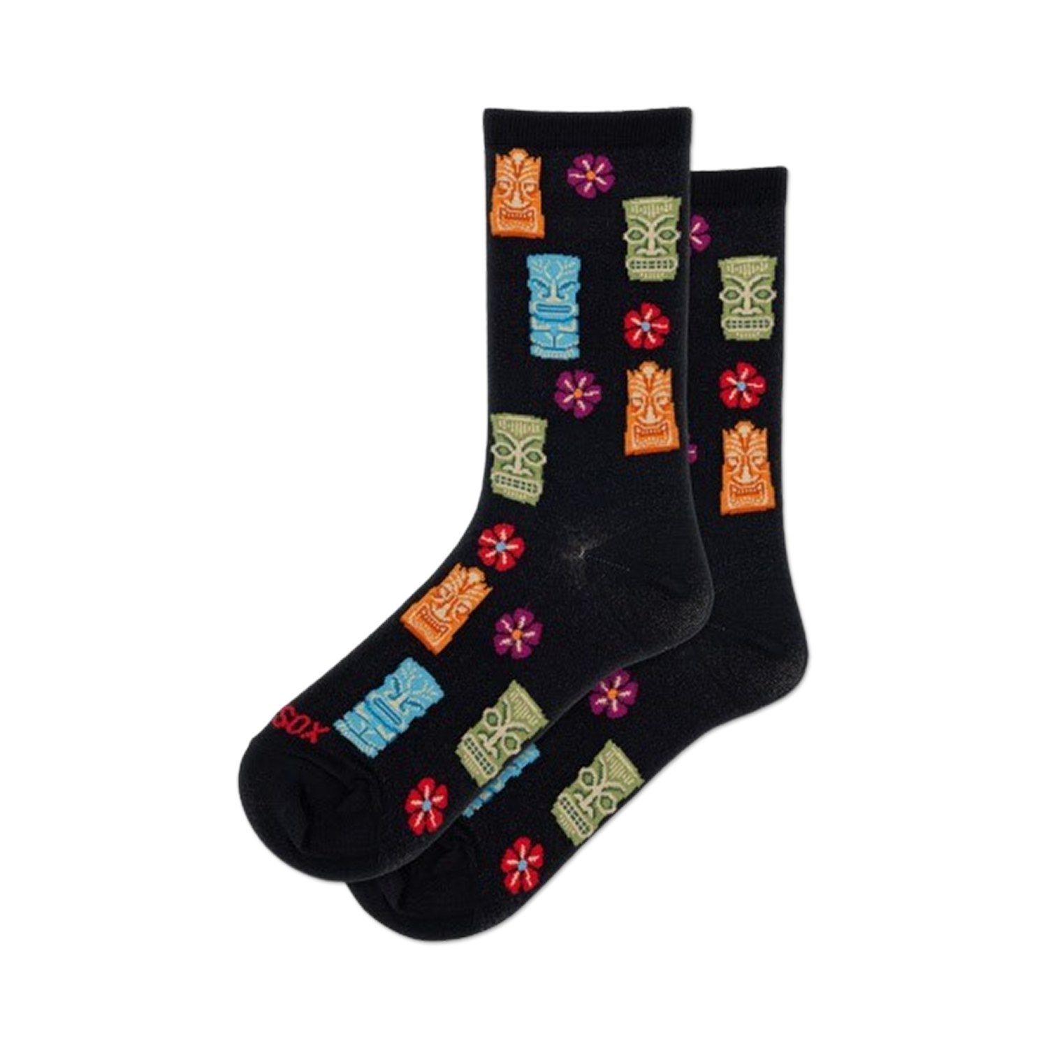 Pair of black crew socks with colorful tiki idols and red flowers. Fun, tropical design.