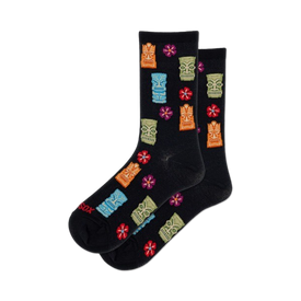 tiki head and flower patterned black crew socks for women.  