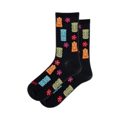 tiki head and flower patterned black crew socks for women.  