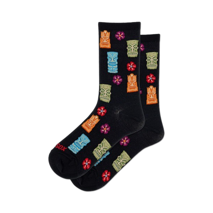 tiki head and flower patterned black crew socks for women.   }}