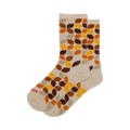 Pair of crew socks in beige with a repeating geometric leaf pattern in brown and orange, and another pair in navy with a similar pattern in pink, burgundy, and peach.