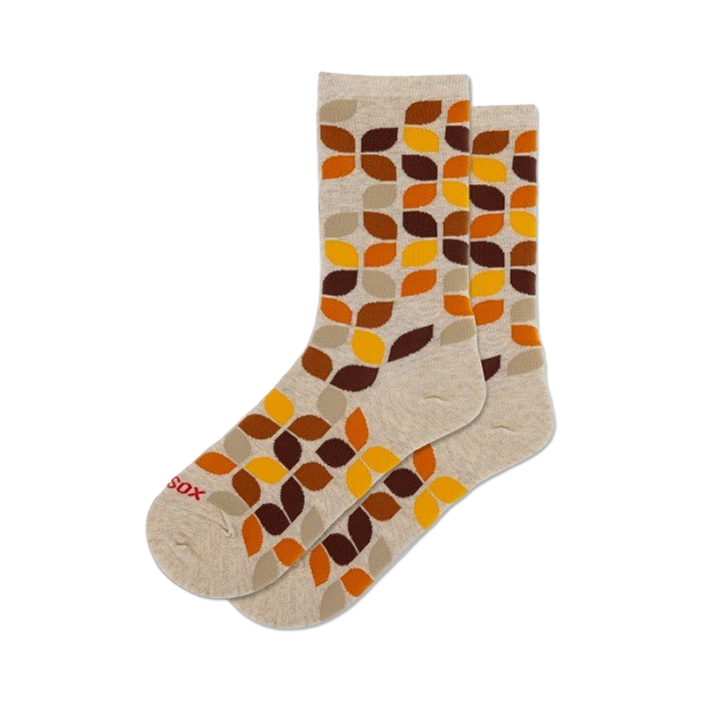 Pair of crew socks in beige with a repeating geometric leaf pattern in brown and orange, and another pair in navy with a similar pattern in pink, burgundy, and peach.