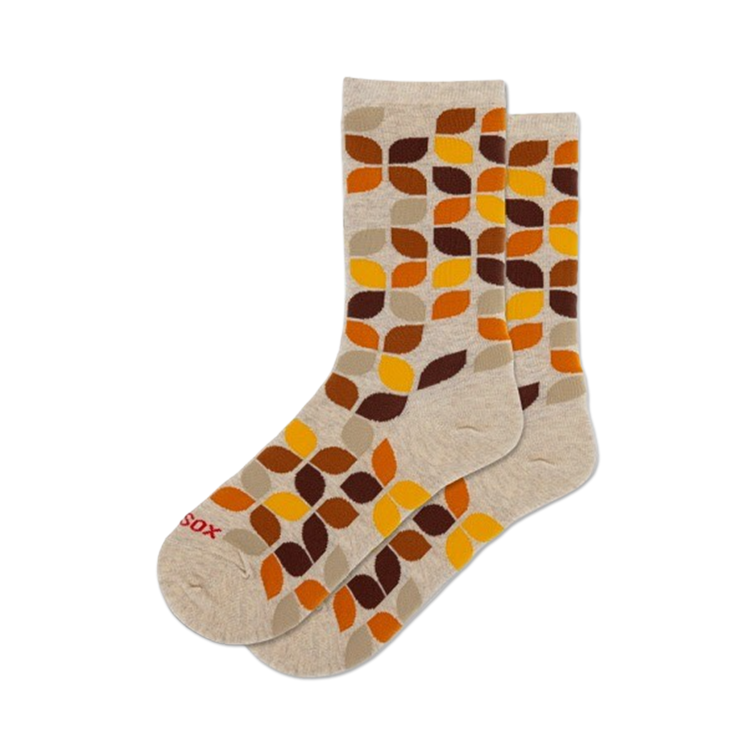 Pair of crew socks in beige with a repeating geometric leaf pattern in brown and orange, and another pair in navy with a similar pattern in pink, burgundy, and peach.
