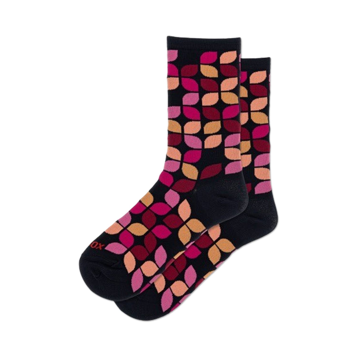 Lifestyle shot showing the navy Leafy Geo socks on a model's feet. The socks are slightly rolled to show off the cuff.