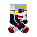 Pair of crew socks in navy, cream, and light blue, featuring a retro-style design of musical instruments like guitars and trumpets.
