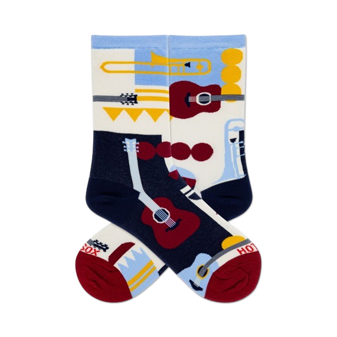 Pair of crew socks in navy, cream, and light blue, featuring a retro-style design of musical instruments like guitars and trumpets.