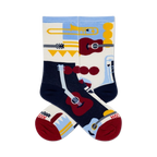 Pair of crew socks in navy, cream, and light blue, featuring a retro-style design of musical instruments like guitars and trumpets.