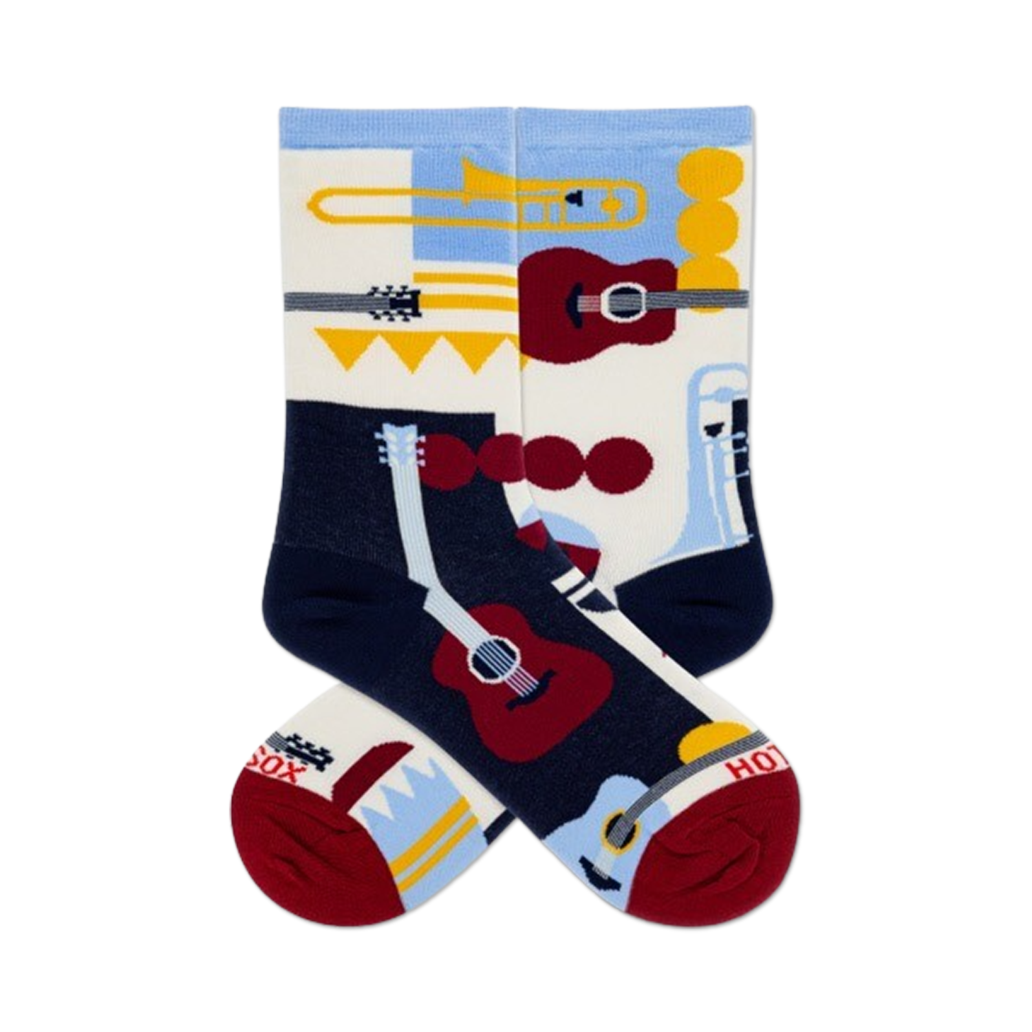 Pair of crew socks in navy, cream, and light blue, featuring a retro-style design of musical instruments like guitars and trumpets.