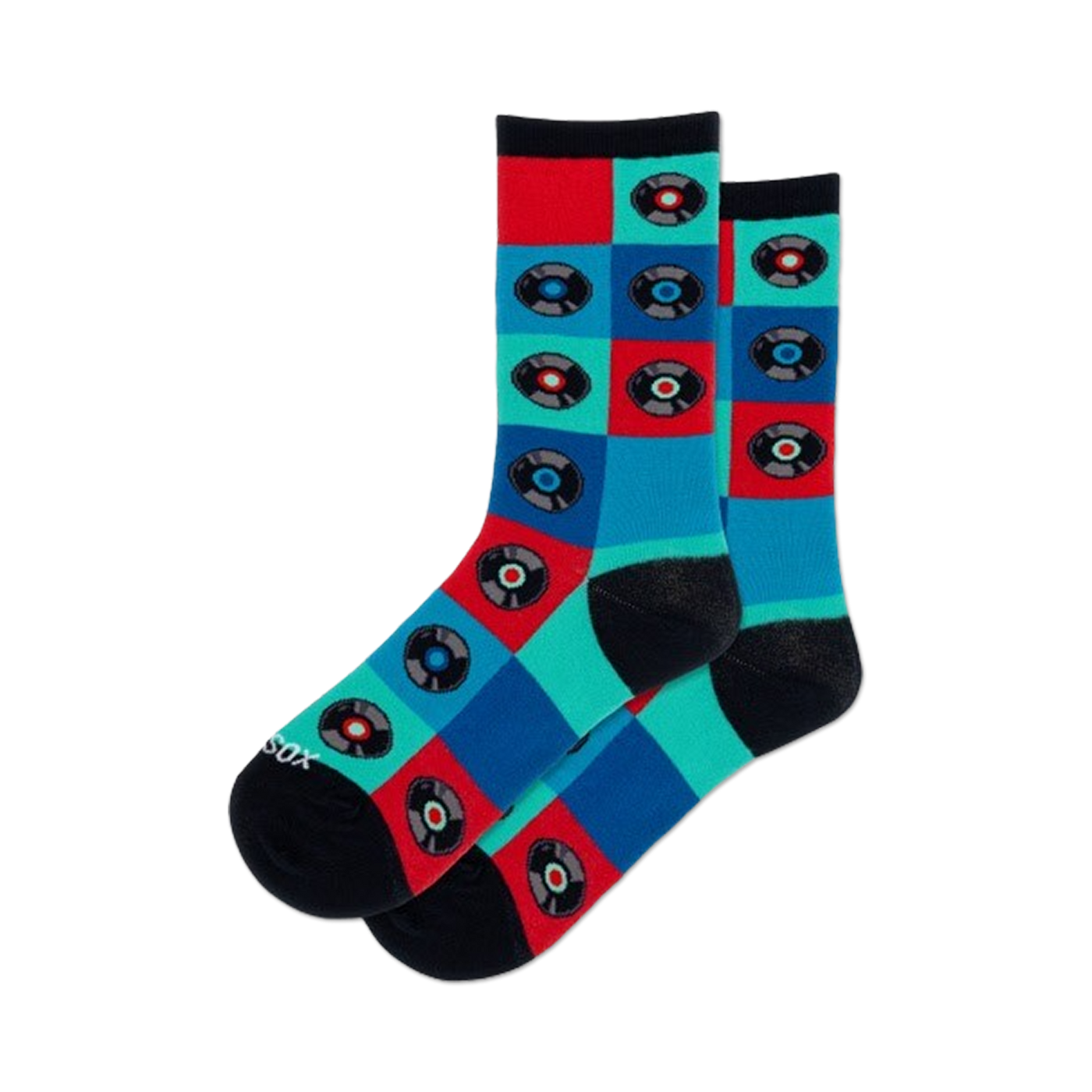 Pair of crew socks in teal, red, and blue featuring a checkered pattern with retro vinyl records. 