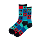 Pair of crew socks in teal, red, and blue featuring a checkered pattern with retro vinyl records. 