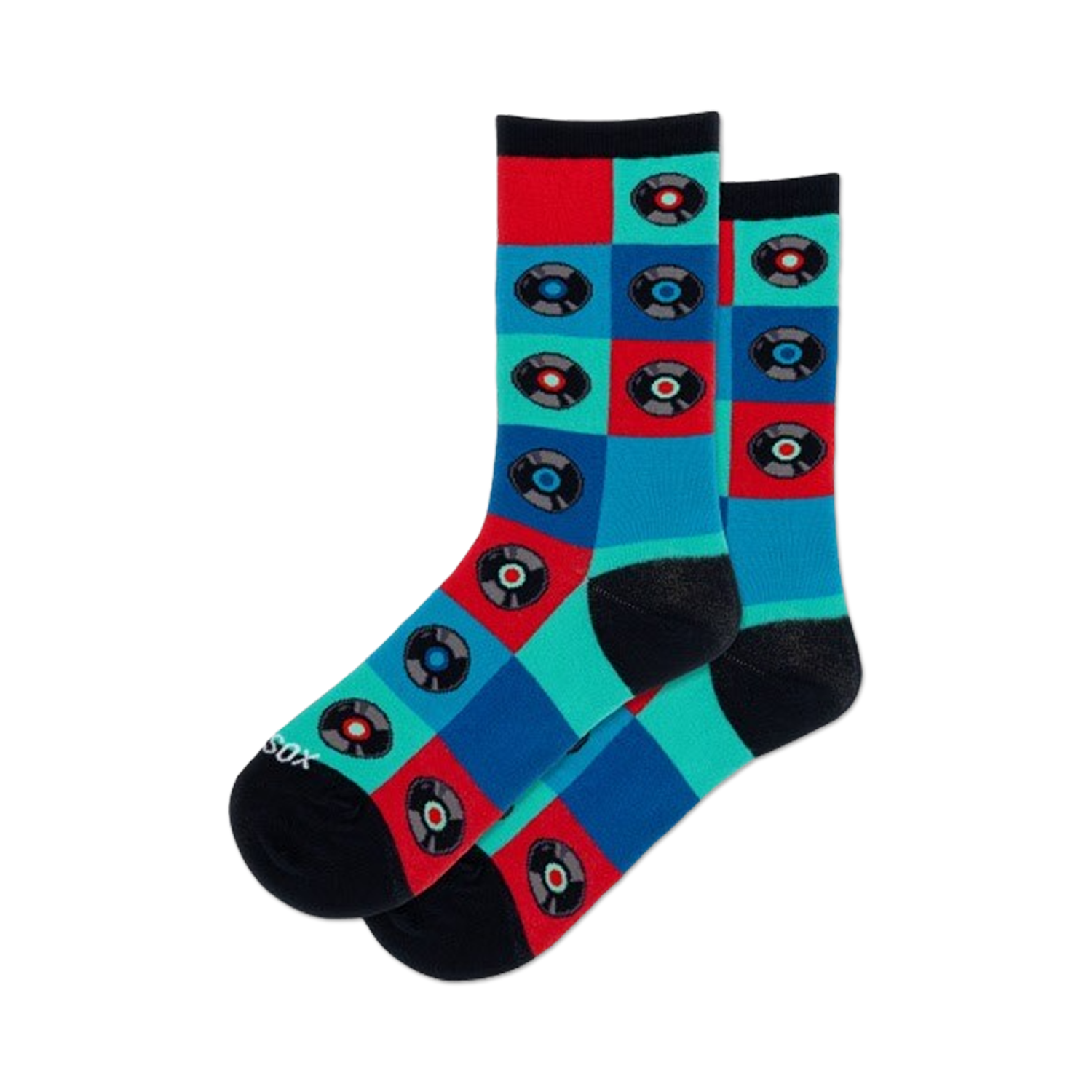 Pair of crew socks in teal, red, and blue featuring a checkered pattern with retro vinyl records. 
