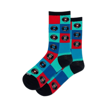 crew length, record-themed socks with repeating blue, red, turquoise squares. black records with red, or blue labels.  