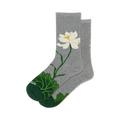 Pair of women's crew socks in grey with a detailed white lotus flower and green leaves design.