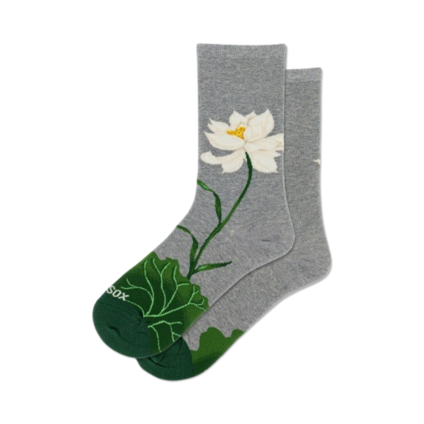 Pair of women's crew socks in grey with a detailed white lotus flower and green leaves design.