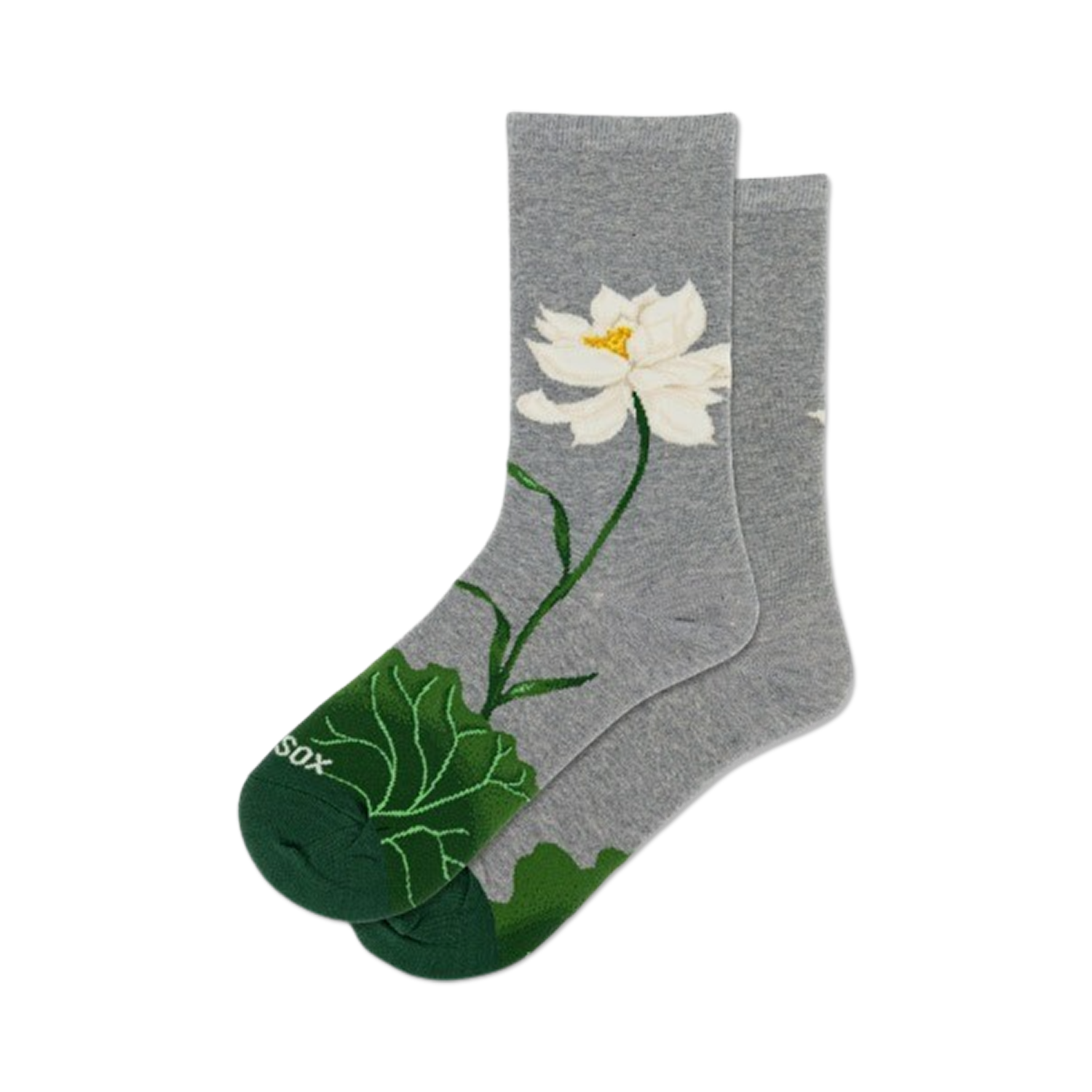 Pair of women's crew socks in grey with a detailed white lotus flower and green leaves design.