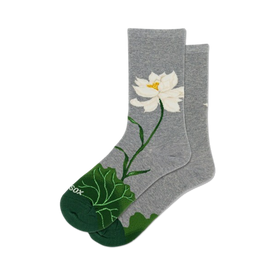 gray women's crew socks with white lotus flower pattern.  