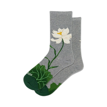gray women's crew socks with white lotus flower pattern.  
